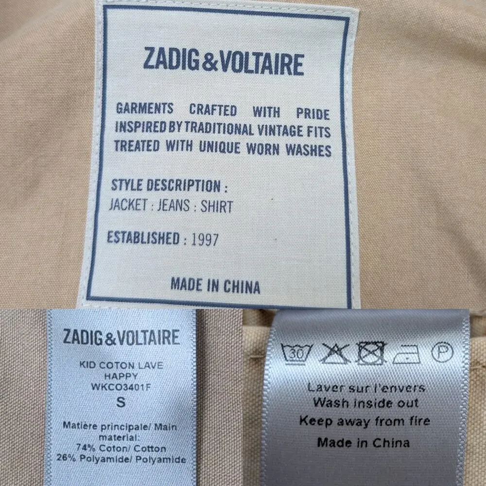 Zadig & Voltaire Kid Good Vibes Stretch Khaki Tan Cotton Utility Jacket Small - Picture 5 of 11